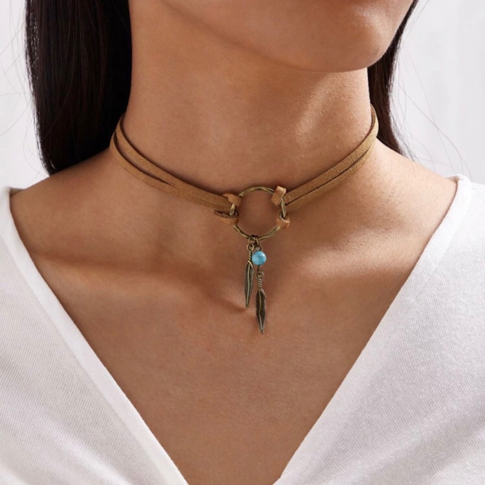 3/$30 Boho Feather & Turquoise Bead Choker